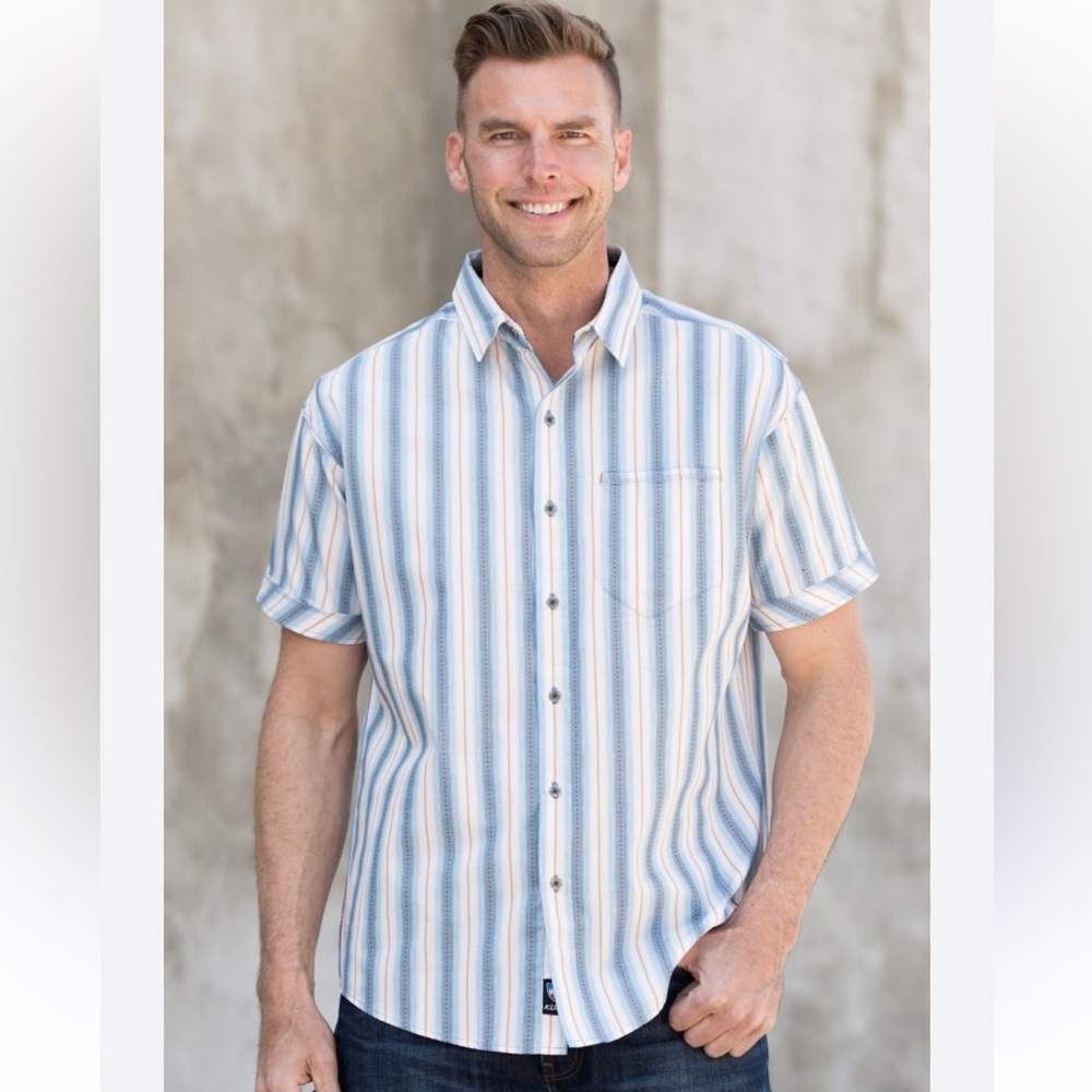 KUHL men's bohemian boho cotton blend short sleeve button up shirt size lg EUC